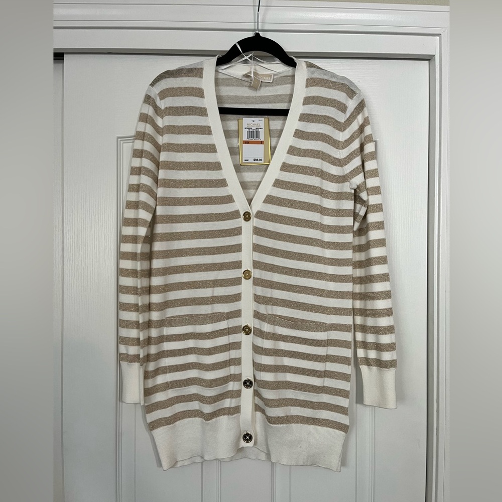 Michael Kors Gold and White Striped Cardigan Sweater